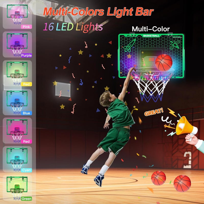 OWSOO Basketball Hoop Indoor for Kids, Mini Basketball Hoop with Colorful Light Bar, Scoreboard & 4 Basketballs, Christmas Toys Gifts for 3 4 5 6 7 8 9 10 11 12 Year Old Boys Girls (Green) - Image 3